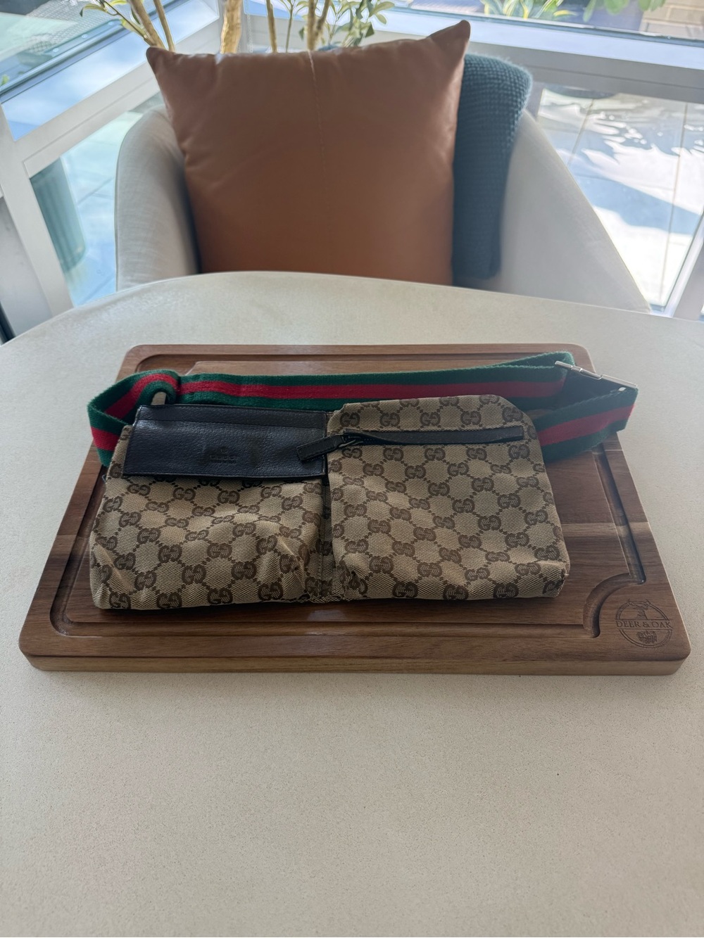 Gucci Beige GG Supreme Canvas Belt Bag with Green-Red Web Strap